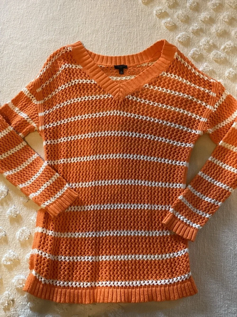 Talbots Women Orange/White Stripe Open Weave Chunky Knit V-Neck Sweater LP E1